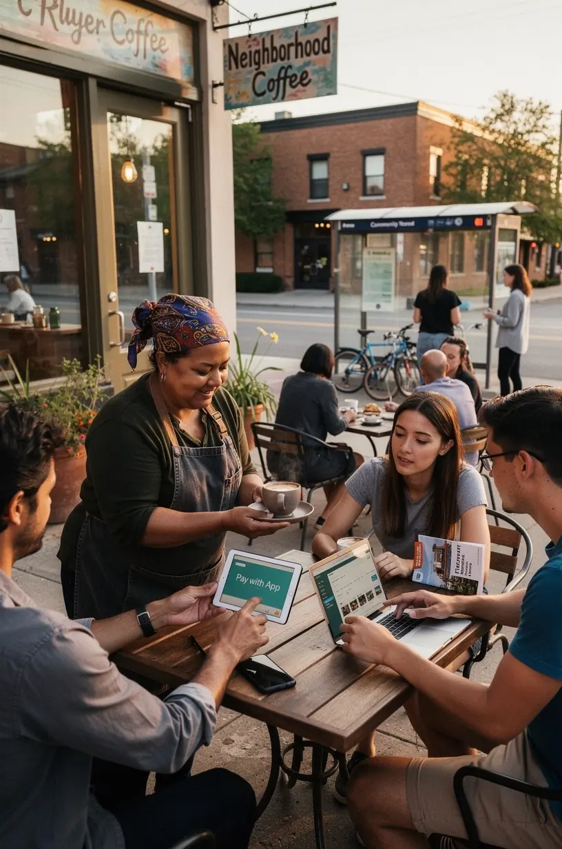 Locuitori folosind o aplicație mobilă pentru monitorizarea consumului de energie și apă în locuințele lor dintr-un cartier inteligent.