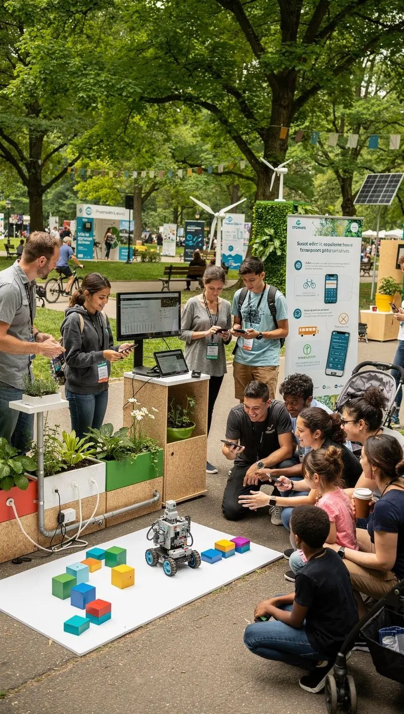 Exemplu de spațiu verde urban integrat cu senzori pentru monitorizarea calității aerului și a umidității.