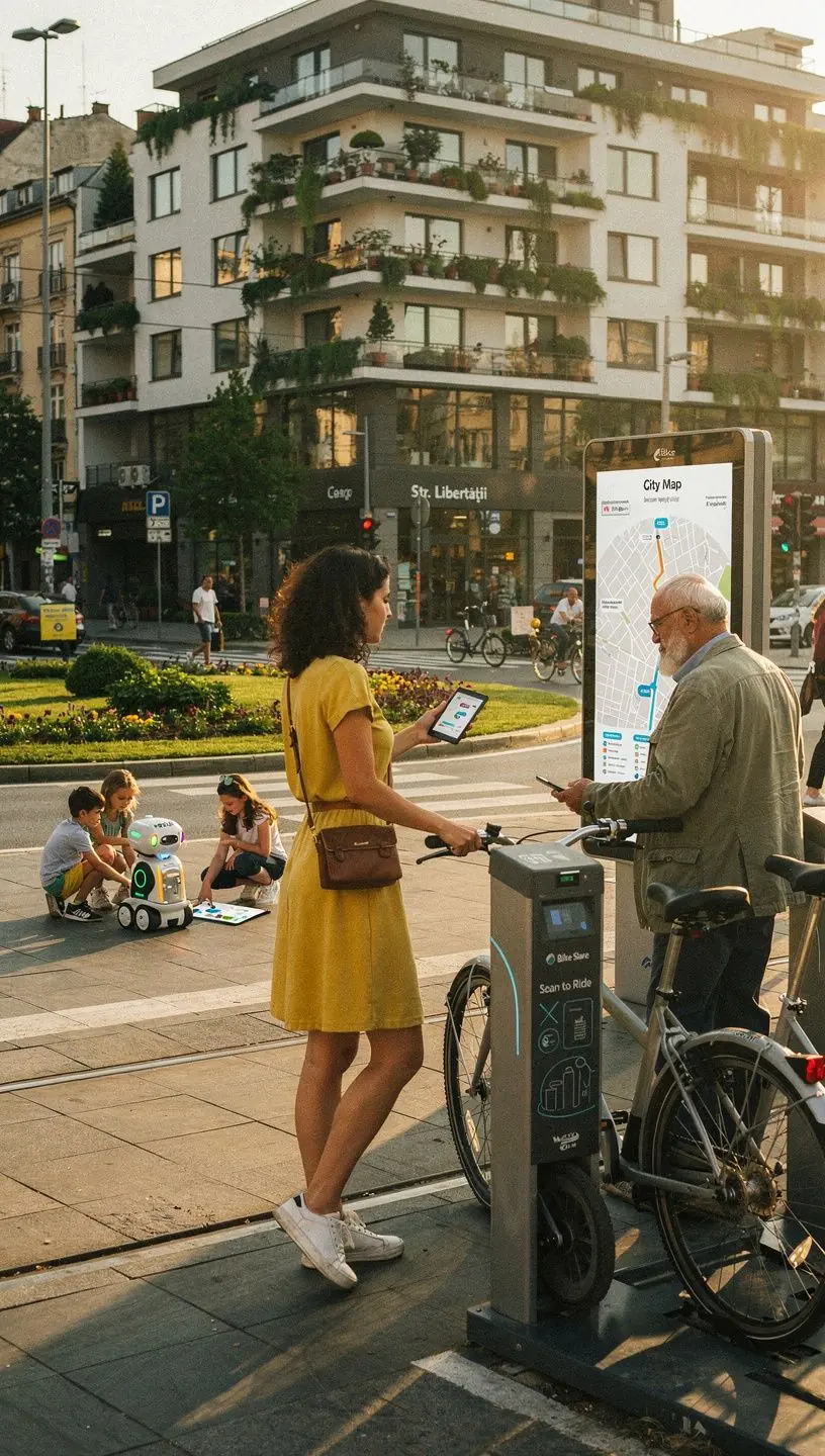 Tabel digital de afișaj cu date în timp real despre transportul public și condițiile de trafic dintr-un cartier rezidențial.