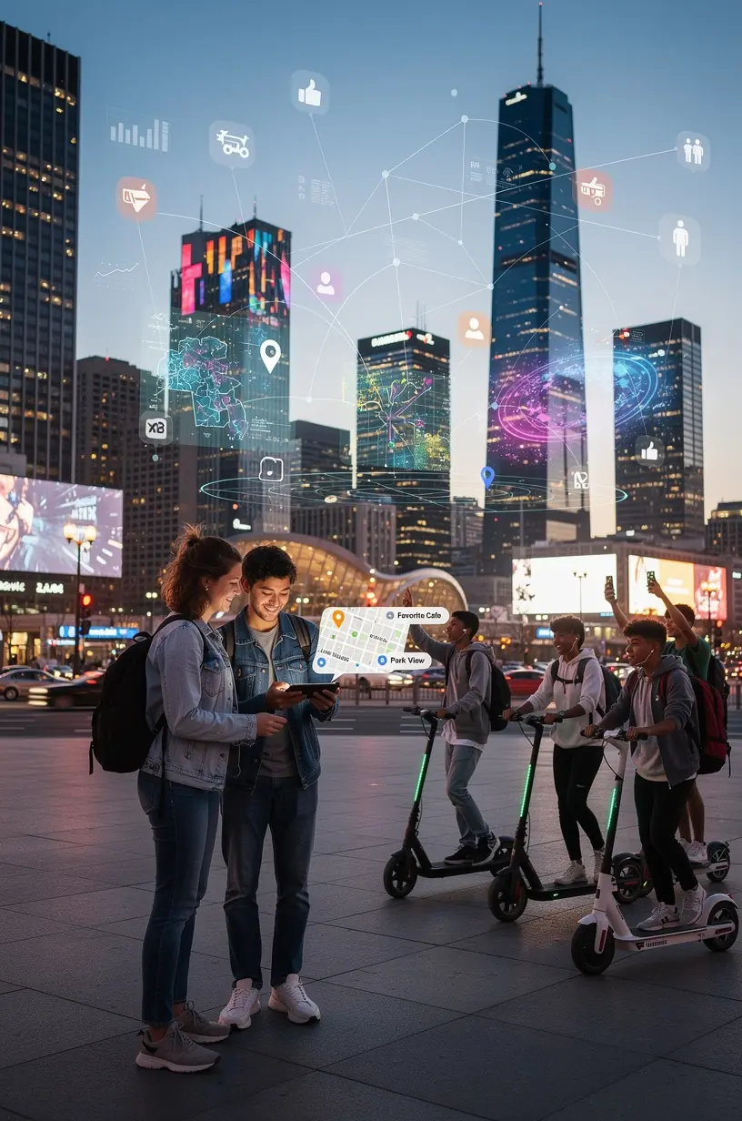 Imagine aeriană a unui cartier rezidențial modern echipat cu tehnologii inteligente pentru gestionarea traficului și a iluminatului stradal.