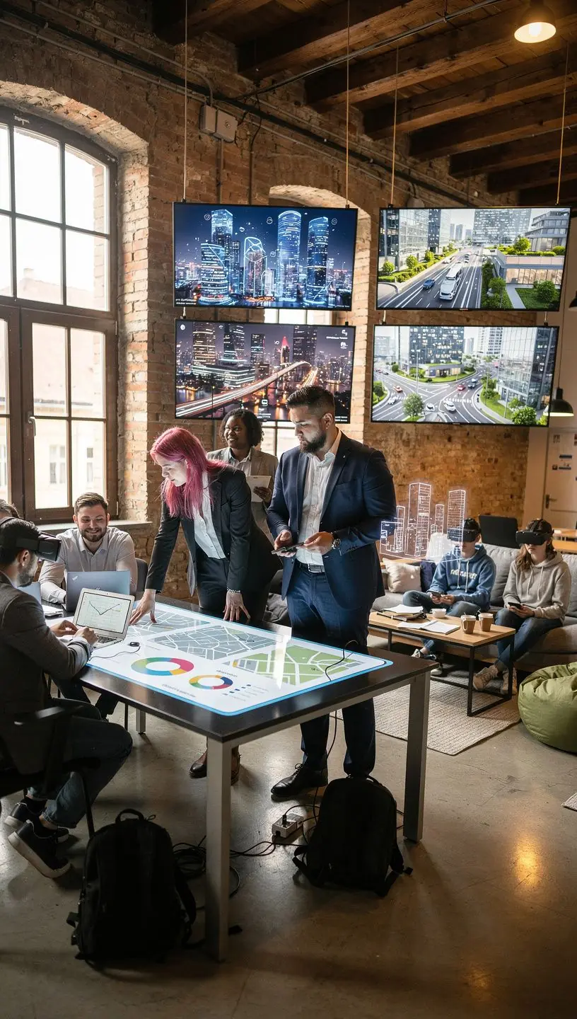 Panou interactiv digital amplasat într-un spațiu public urban, folosit de locuitori pentru a accesa informații despre servicii și evenimente locale.